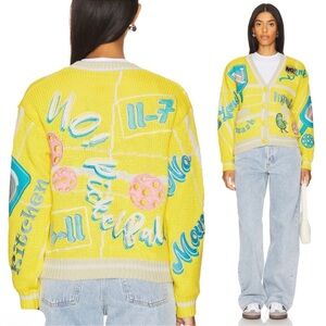 NEW No! Jeans Revolve Pickleball Cardigan Sweater in Yellow Large Ramie Cotton